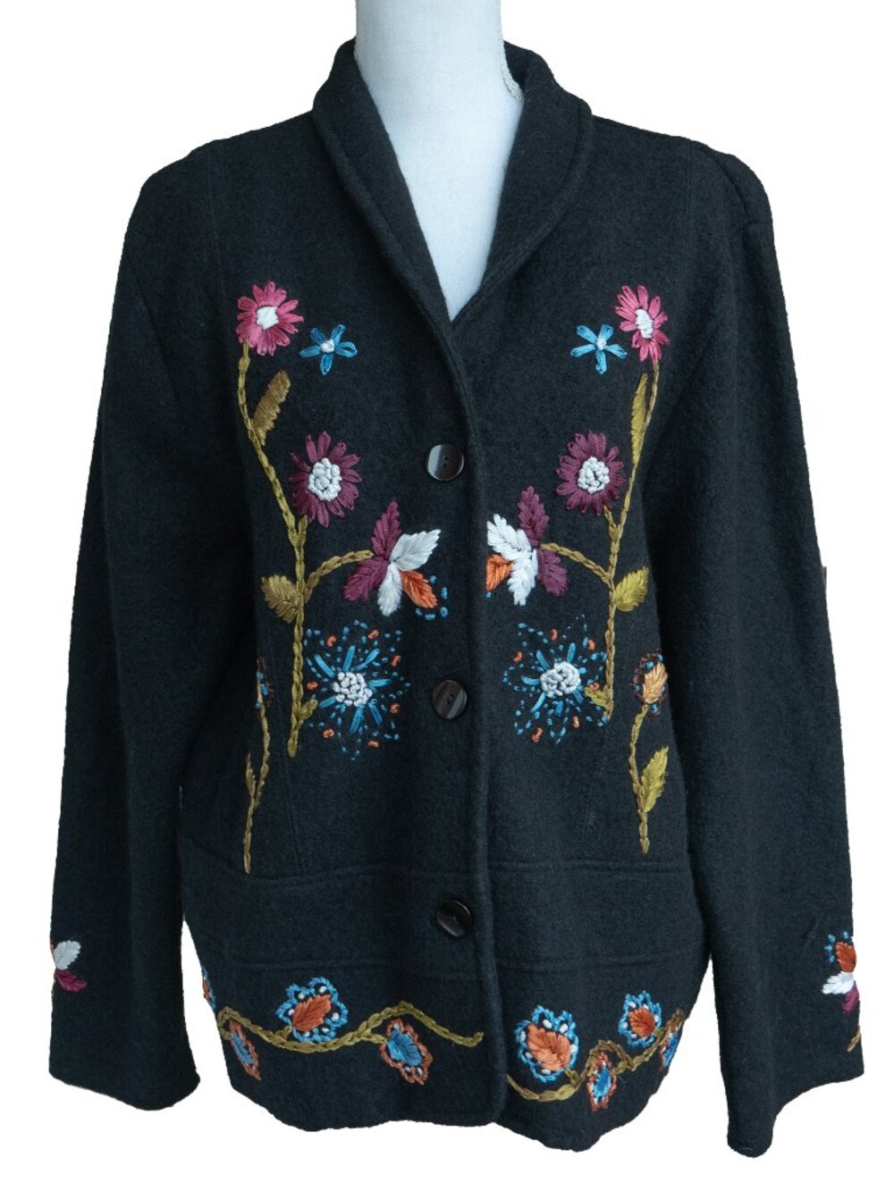 PARSLEY & SAGE Wool Jacket Embroidered Black Wool RIbbon Stitch Boho Whimsy Goth